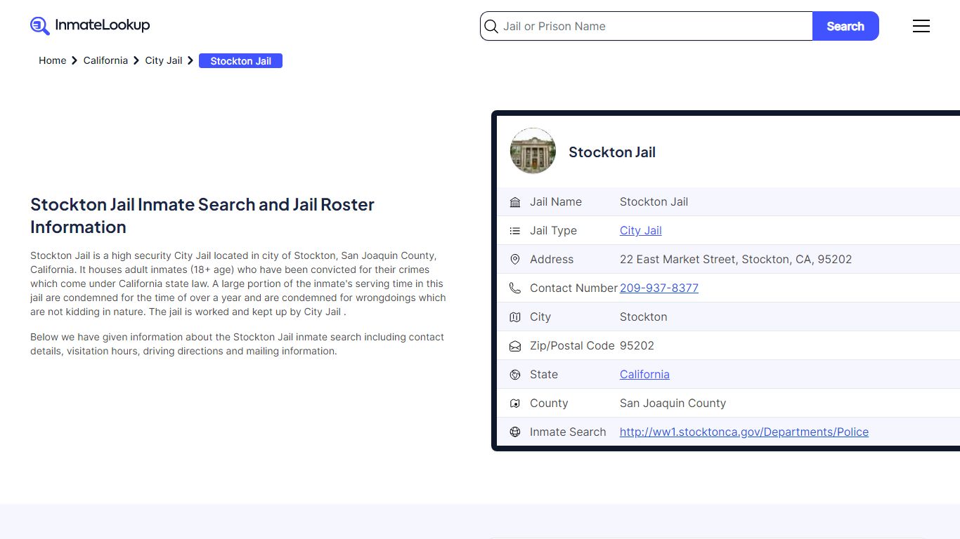 Stockton Jail Inmate Search and Jail Roster Information